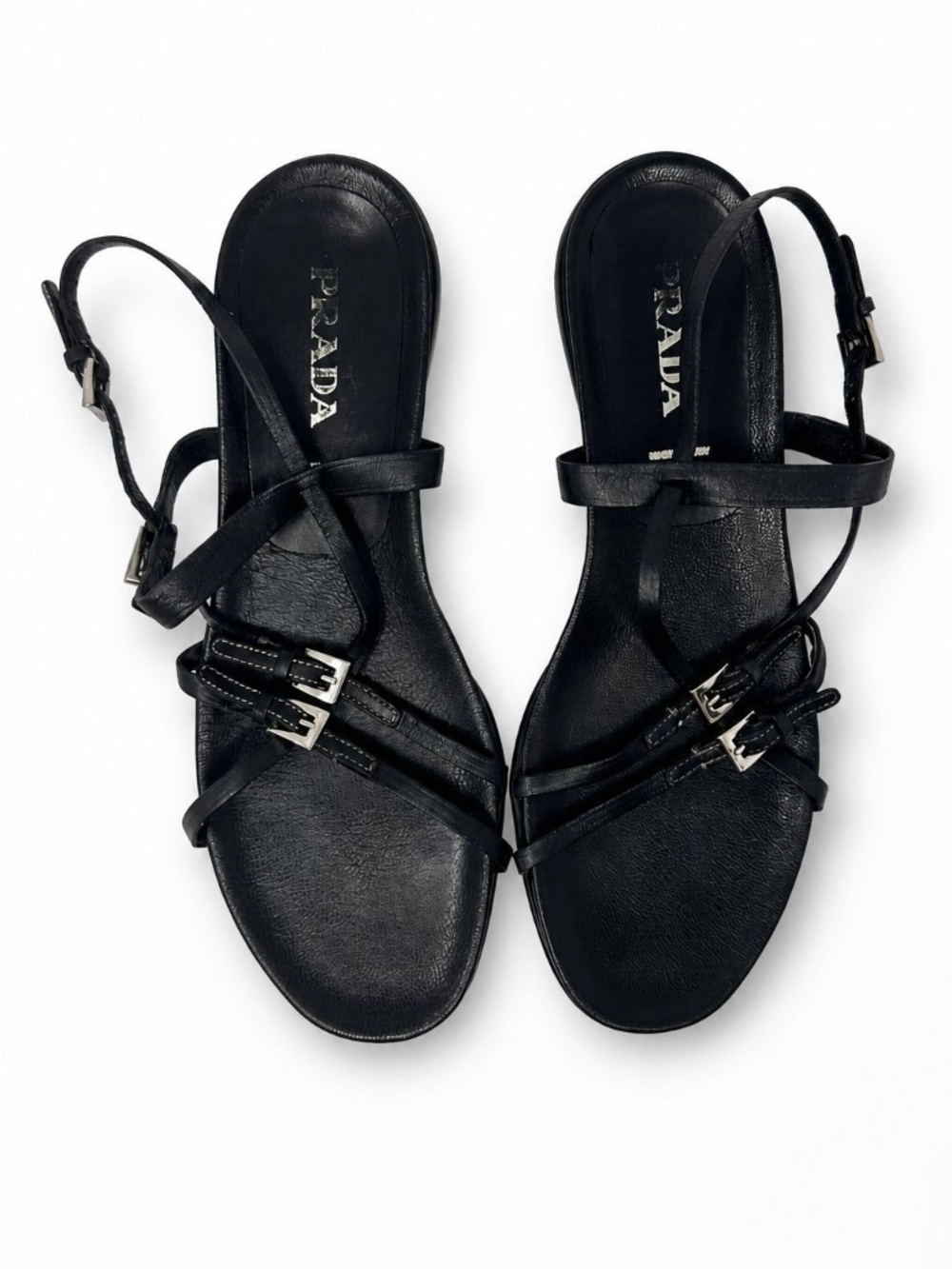 Vintage Y2K Prada Black Leather Strappy Slingback Flat Sandals Size 6